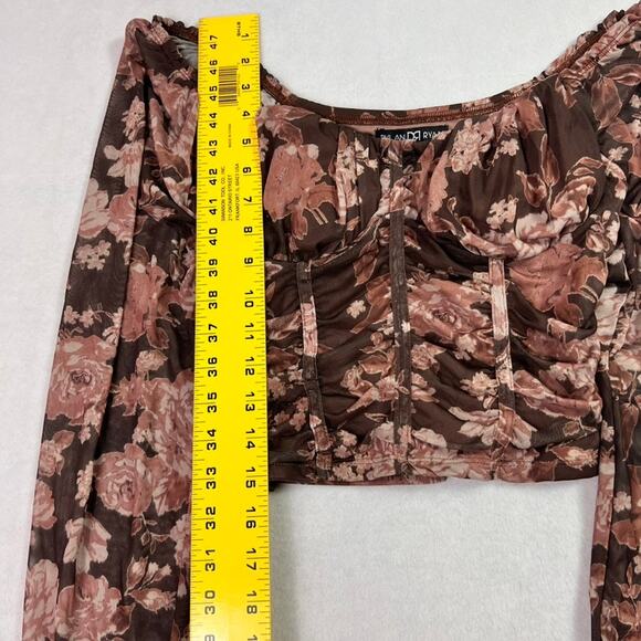 Dylan Ryan Blouse Top Women M Brown Ruched Bustier Sheer Floral Fairy - Picture 6 of 14